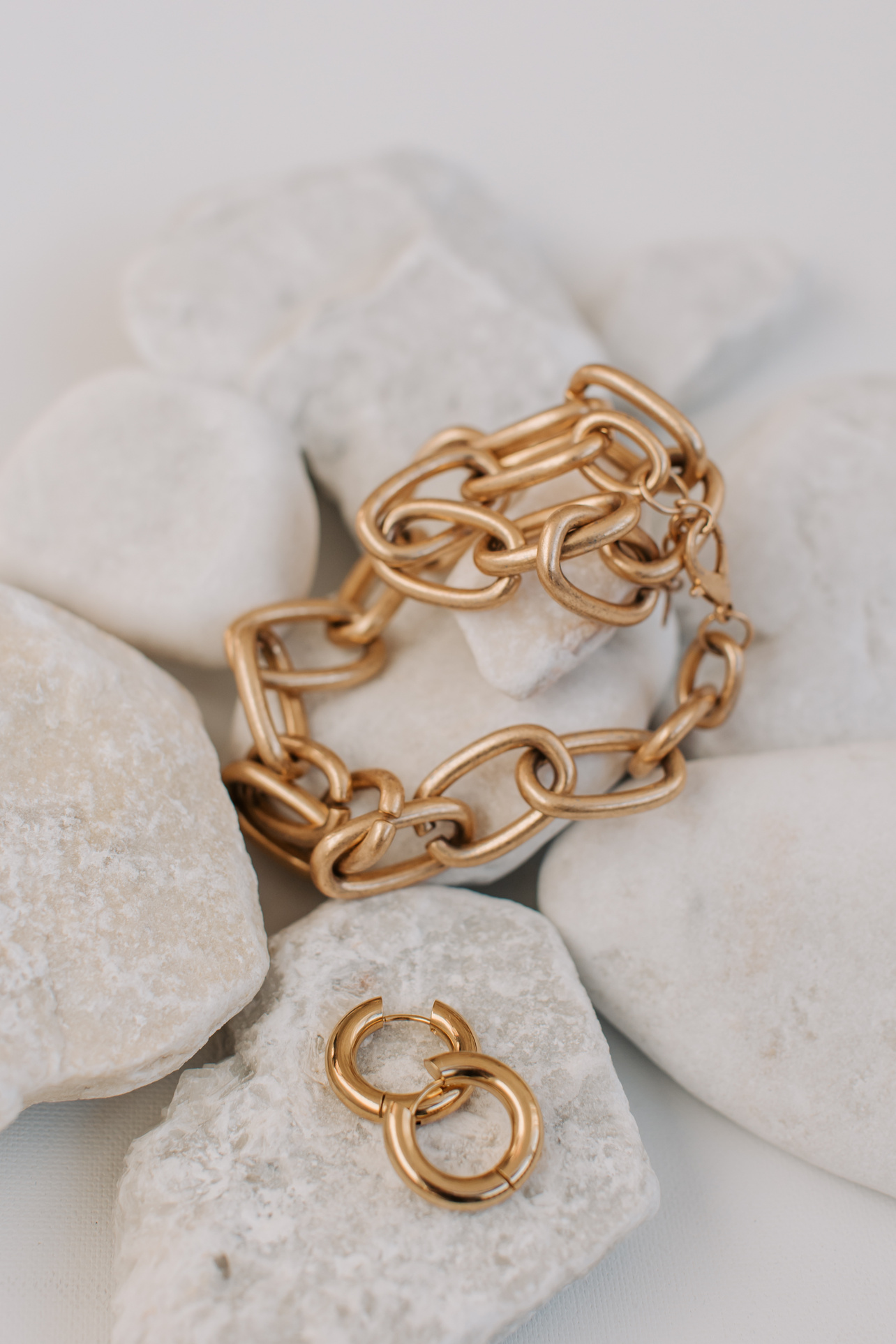 Chain Bracelet and Gold Earrings
